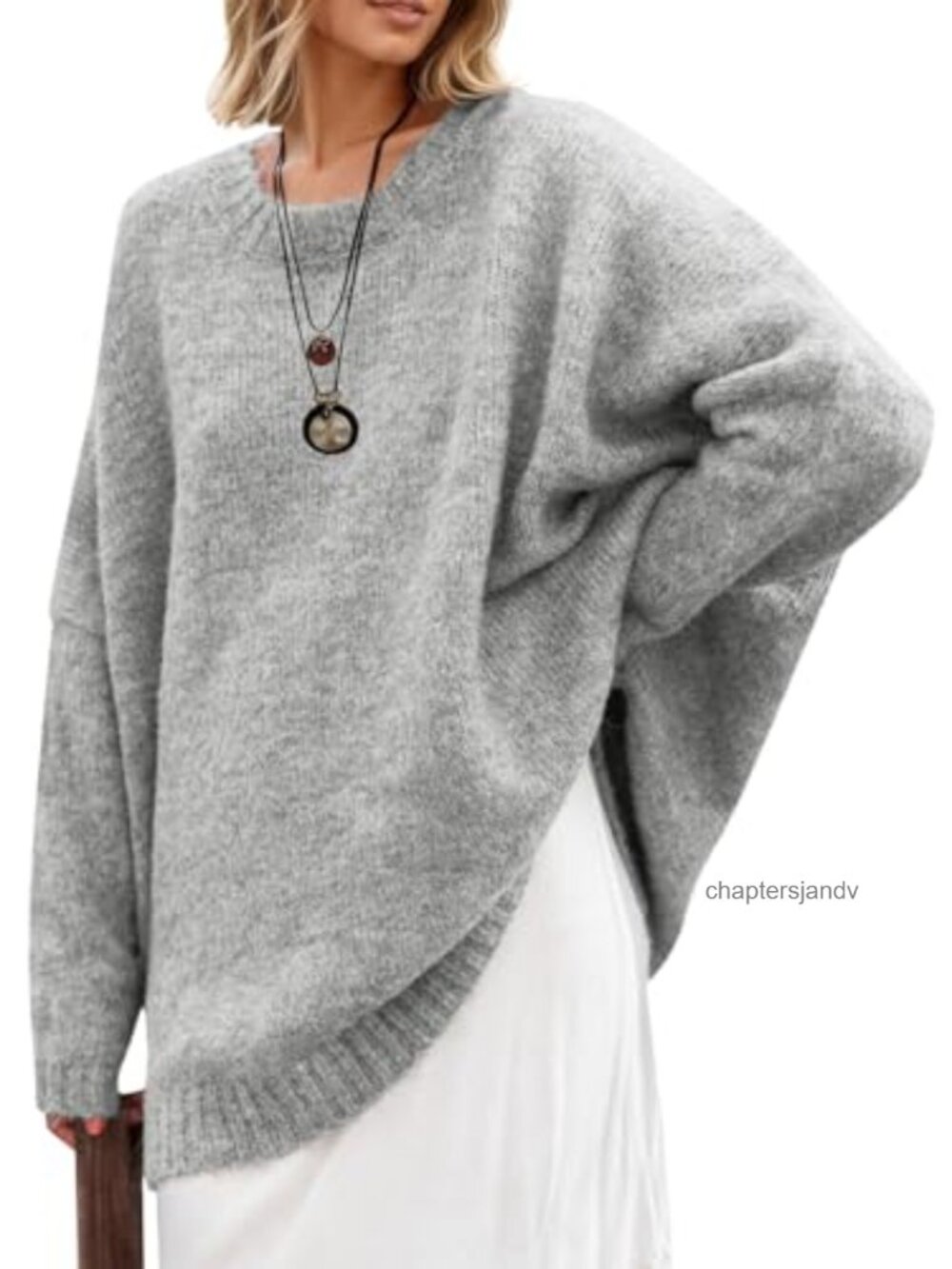 Oversized Tunic Sweater Chunky Knit Slouchy Pullover Drop Shoulder Crew Neck